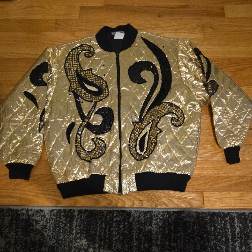 Vintage 90's gold metallic quilted bomber jacket By "Southern Stitches and More.